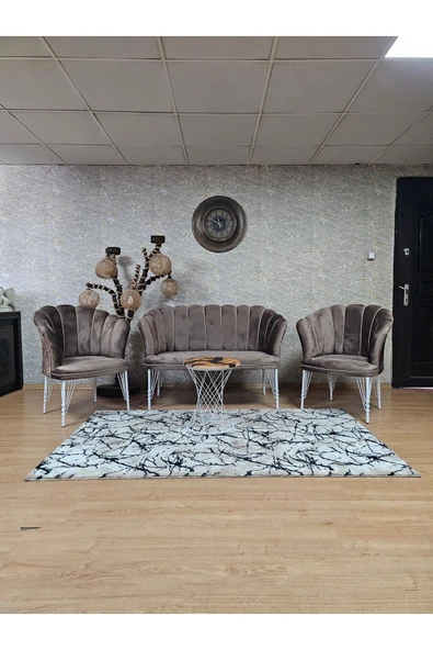 Beyaz Boyalı Tel Ayak Kahverengi Döşeme Papatya Çay Seti Koltuk Takımı , Balkon, Salon, Ofis, Cafe Koltuk Takımı