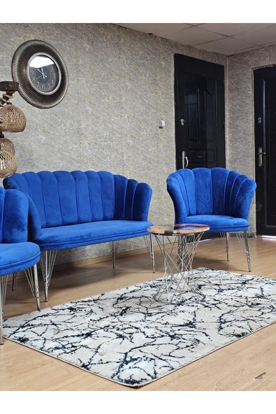 Krom Tel Ayak Mavi Döşeme Papatya Çay Seti Koltuk Takımı , Balkon, Salon, Ofis, Cafe Koltuk Takımı - 5