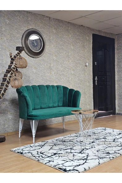 İkili Beyaz Boyalı Tel Ayak Yeşil Döşeme Papatya Çay Seti Koltuk Takımı , Balkon, Salon, Ofis, Cafe Koltuk Takımı - 2