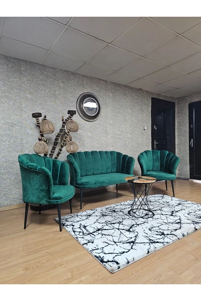 Siyah Boyalı Sivriltme Ayak Yeşil Döşeme Papatya Çay Seti Koltuk Takımı , Balkon, Salon, Ofis, Cafe Koltuk Takımı - 4