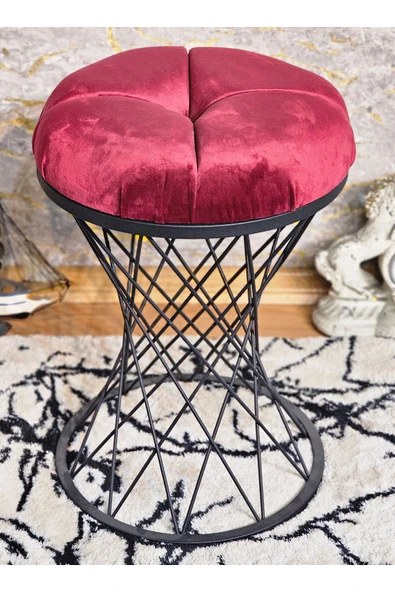 Yuvarlak Siyah Boyalı Pota - Bordo Babyface Kumaş Puf , Bench , Puf Oturak , Bench , Ayak Ucu Oturak , Tabure , Makyaj Oturak ürün görseli 1