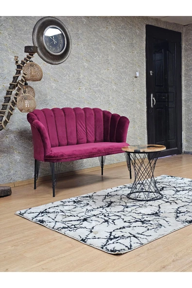 İkili Siyah Boyalı Tel Ayak Bordo Döşeme Papatya Çay Seti Koltuk Takımı , Balkon, Salon, Ofis, Cafe Koltuk Takımı - Resim 2