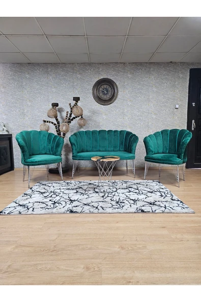 Krom Tel Ayak Yeşil Döşeme Papatya Çay Seti Koltuk Takımı , Balkon, Salon, Ofis, Cafe Koltuk Takımı