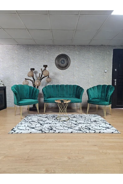 Gold Kaplama Tel Ayak Yeşil Döşeme Papatya Çay Seti Koltuk Takımı , Balkon, Salon, Ofis, Cafe Koltuk Takımı