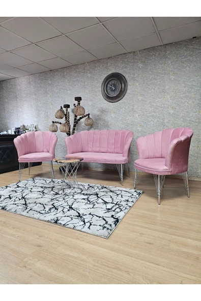 Krom Tel Ayak Pembe Döşeme Papatya Çay Seti Koltuk Takımı , Balkon, Salon, Ofis, Cafe Koltuk Takımı - 8