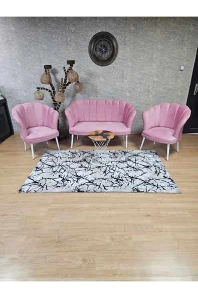 Beyaz Boyalı Sivriltme Ayak Pembe Döşeme Papatya Çay Seti Koltuk Takımı , Balkon, Salon, Ofis, Cafe Koltuk Takımı - 3