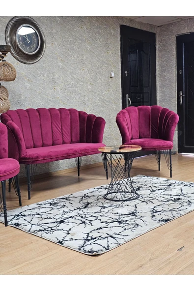 Siyah Boyalı Tel Ayak Bordo Döşeme Papatya Çay Seti Koltuk Takımı , Balkon, Salon, Ofis, Cafe Koltuk Takımı - 5