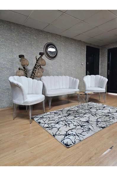 Krom Tel Ayak Krem Döşeme Papatya Çay Seti Koltuk Takımı , Balkon, Salon, Ofis, Cafe Koltuk Takımı - 4