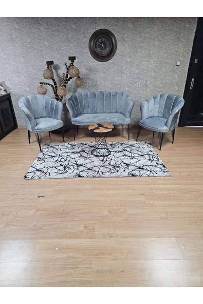 Siyah Boyalı Tel Ayak Gri Döşeme Papatya Çay Seti Koltuk Takımı , Balkon, Salon, Ofis, Cafe Koltuk Takımı - 3