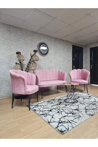 Siyah Boyalı Tel Ayak Pembe Döşeme Papatya Çay Seti Koltuk Takımı , Balkon, Salon, Ofis, Cafe Koltuk Takımı - 4