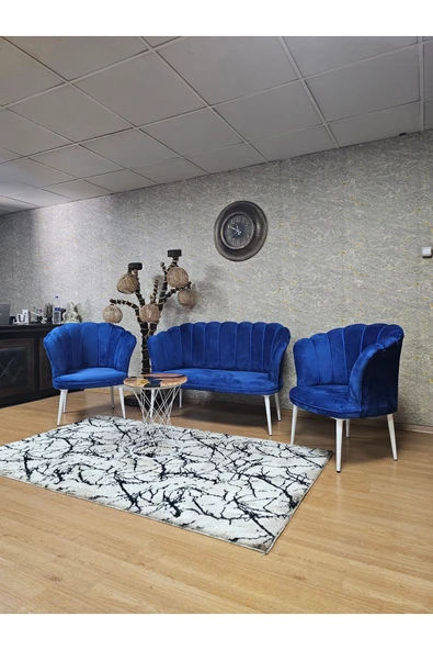 Beyaz Boyalı Sivriltme Ayak Mavi Döşeme Papatya Çay Seti Koltuk Takımı , Balkon, Salon, Ofis, Cafe Koltuk Takımı - 8