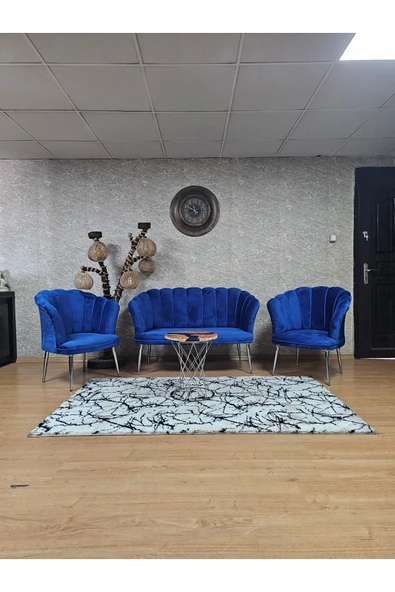 Krom Kaplama Sivriltme Ayak Mavi Döşeme Papatya Çay Seti Koltuk Takımı , Balkon, Salon, Ofis, Cafe Koltuk Takımı