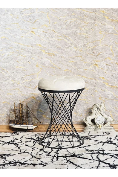 Yuvarlak Siyah Boyalı Pota - Krem Babyface Kumaş Puf , Bench , Puf Oturak , Bench , Ayak Ucu Oturak , Tabure , Makyaj Oturak - 6