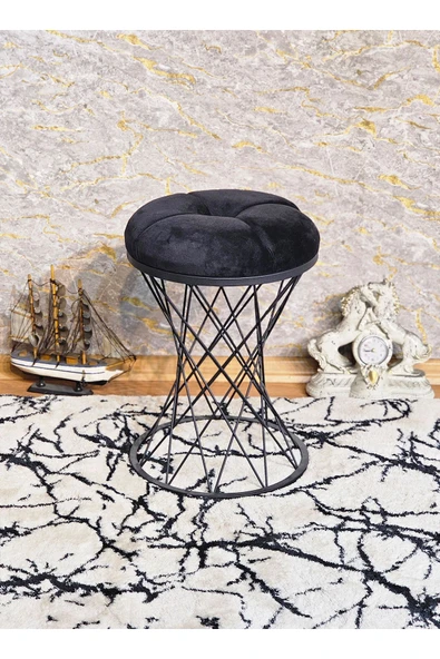 Yuvarlak Siyah Boyalı Pota - Siyah Babyface Kumaş Puf , Bench , Puf Oturak , Bench , Ayak Ucu Oturak , Tabure , Makyaj Oturak - 5