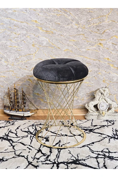 Yuvarlak Gold Kaplama Puf Oturak - Bench - Ayak Ucu Oturak - Tabure - Makyaj Oturak FÜME Renk Yuvarlak Boyut/Ebat - Resim 4