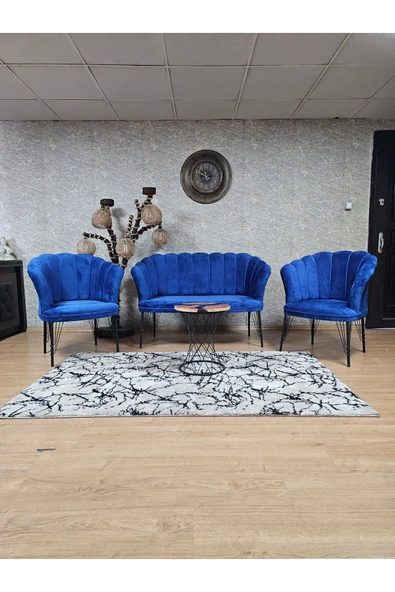 Siyah Boyalı Tel Ayak Mavi Döşeme Papatya Çay Seti Koltuk Takımı , Balkon, Salon, Ofis, Cafe Koltuk Takımı