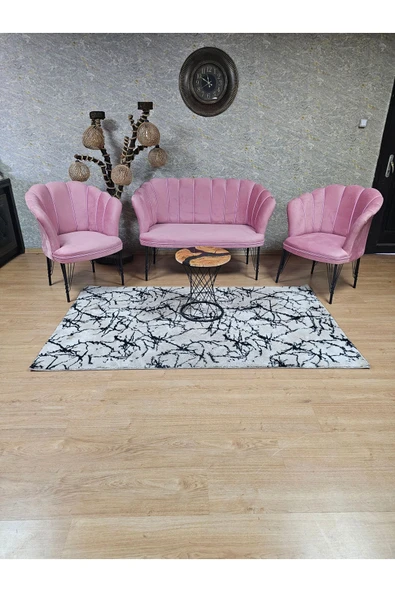 Siyah Boyalı Tel Ayak Pembe Döşeme Papatya Çay Seti Koltuk Takımı , Balkon, Salon, Ofis, Cafe Koltuk Takımı - 3