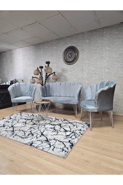 Krom Tel Ayak Gri Döşeme Papatya Çay Seti Koltuk Takımı , Balkon, Salon, Ofis, Cafe Koltuk Takımı - 6