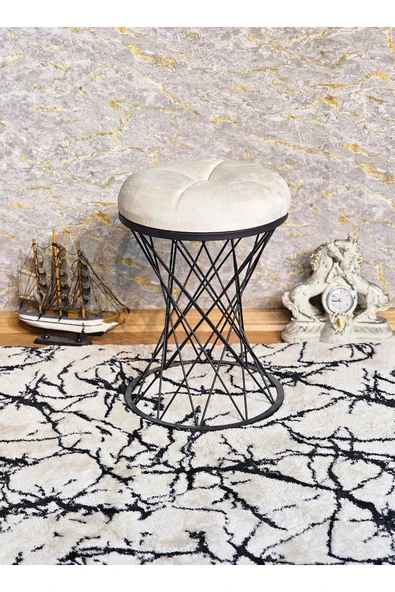 Yuvarlak Siyah Boyalı Pota - Krem Babyface Kumaş Puf , Bench , Puf Oturak , Bench , Ayak Ucu Oturak , Tabure , Makyaj Oturak - 4