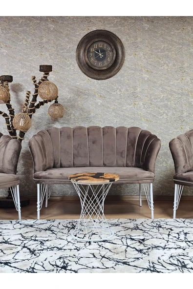Beyaz Boyalı Tel Ayak Kahverengi Döşeme Papatya Çay Seti Koltuk Takımı , Balkon, Salon, Ofis, Cafe Koltuk Takımı - 2