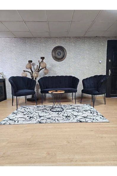 Siyah Boyalı Tel Ayak Siyah Döşeme Papatya Çay Seti Koltuk Takımı , Balkon, Salon, Ofis, Cafe Koltuk Takımı