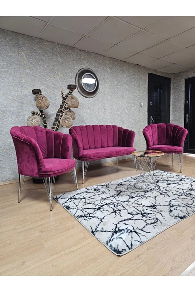 Krom Tel Ayak Bordo Döşeme Papatya Çay Seti Koltuk Takımı , Balkon, Salon, Ofis, Cafe Koltuk Takımı - 4
