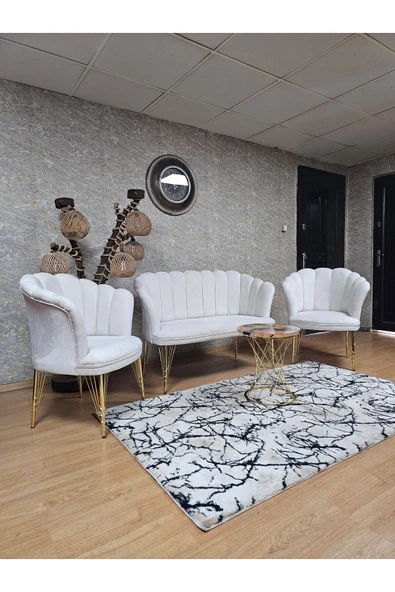Gold Kaplama Tel Ayak Krem Döşeme Papatya Çay Seti Koltuk Takımı , Balkon, Salon, Ofis, Cafe Koltuk Takımı - 4