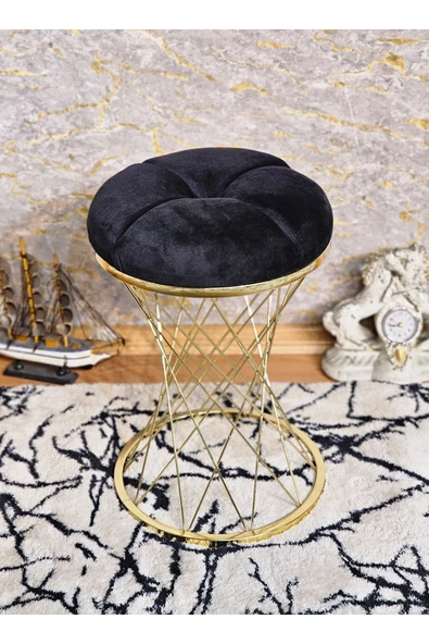 Yuvarlak Gold Kaplama Pota - Siyah Babyface Kumaş Puf , Bench , Puf Oturak , Bench , Ayak Ucu Oturak , Tabure , Makyaj Oturak