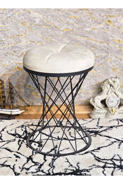 Yuvarlak Siyah Boyalı Pota - Krem Babyface Kumaş Puf , Bench , Puf Oturak , Bench , Ayak Ucu Oturak , Tabure , Makyaj Oturak