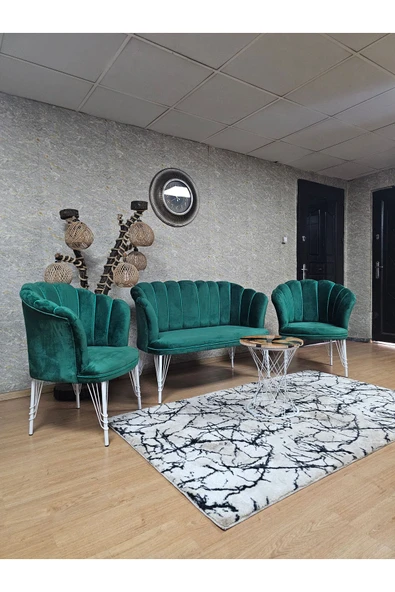 Beyaz Boyalı Tel Ayak Yeşil Döşeme Papatya Çay Seti Koltuk Takımı , Balkon, Salon, Ofis, Cafe Koltuk Takımı - 4