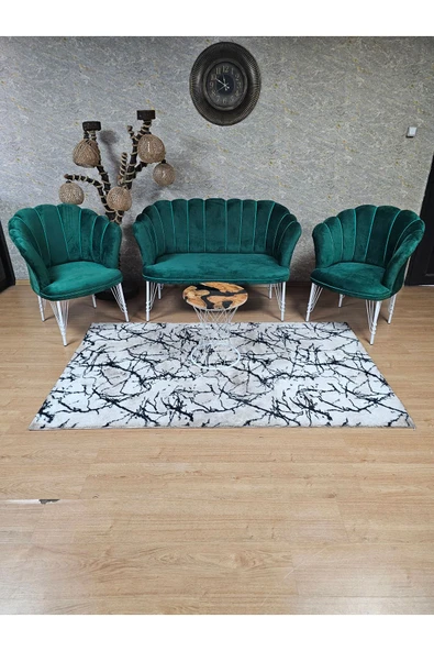 Beyaz Boyalı Tel Ayak Yeşil Döşeme Papatya Çay Seti Koltuk Takımı , Balkon, Salon, Ofis, Cafe Koltuk Takımı - 3
