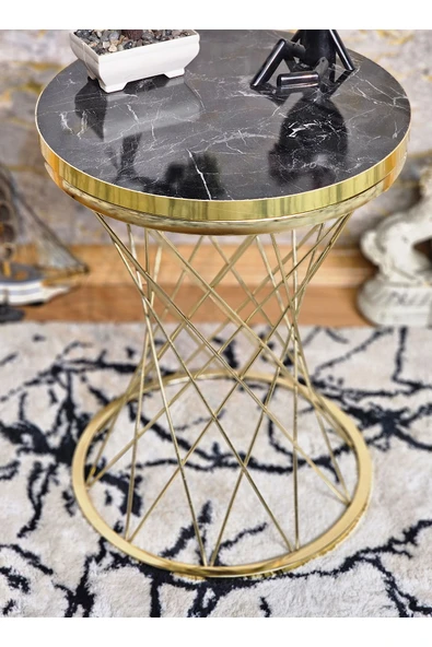 Gold Kaplama Pota 34 cm Suntalem Tablalı Sehpa - Siyah Mermer Gold Cumbalı Suntalem Sehpa - Ahşap Sehpa - Zigon Sehpa - 3