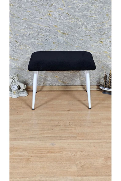 Beyaz Boyalı Sivriltme Ayaklı 60cm x 40cm Tedy Kumaşlı Siyah Döşeme Oturak, Bench, Oturak, Puf - 3