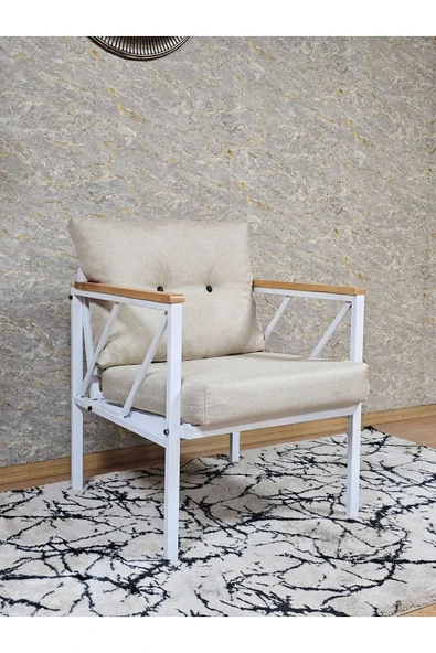 Tekli Beyaz Boyalı Bahçe Krem Döşeme - Balkon - Mutfak Çay Seti Takımı Bahçe Koltuk Takımı - 2