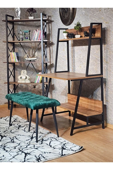 100'lük Benc - Siyah Boyalı Sivriltme Ayaklı Yeşil Döşemeli Oturak, Bench, Oturak, Makyaj Pufu - 6