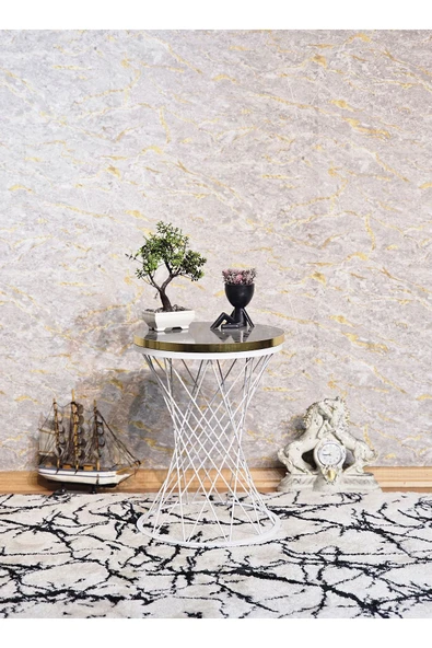 Beyaz Boyalı Pota 34 cm Suntalem Tablalı  Sehpa - Siyah Mermer Gold Cumbalı Suntalem Sehpa - Ahşap Sehpa - Zigon Sehpa - Resim 5