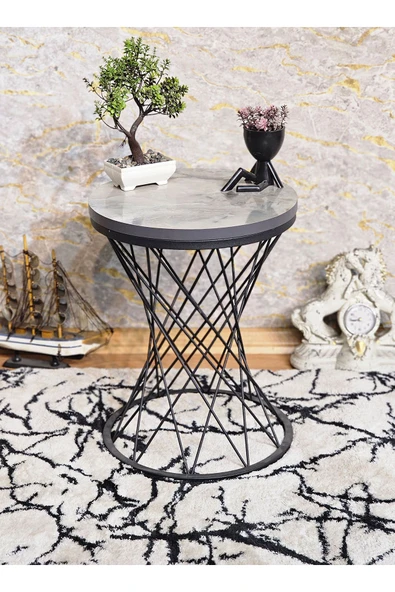 Siyah Boyalı Pota 34 cm Suntalem Tablalı Sehpa - Marmol Suntalem Sehpa - Ahşap Sehpa - Zigon Sehpa - 4