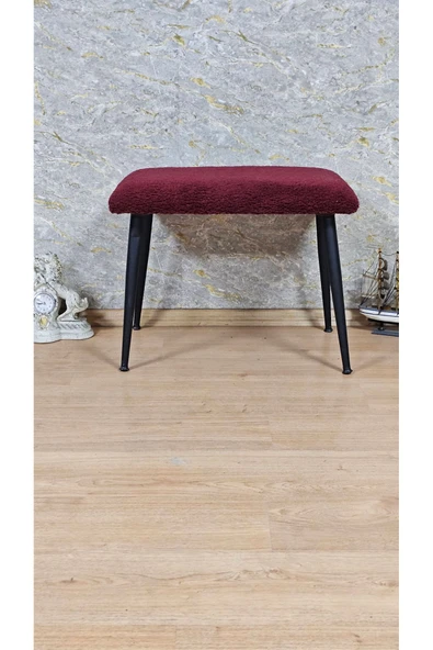 Siyah Boyalı Sivriltme Ayaklı 60cm x 40cm Tedy Kumaşlı Bordo Döşeme Oturak, Bench, Oturak, Puf