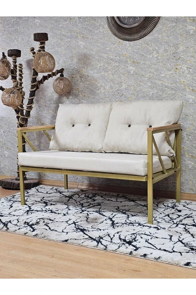 İkili Gold Boyalı Bahçe Krem Döşeme - Balkon - Mutfak Çay Seti Takımı Bahçe Koltuk Takımı - 3