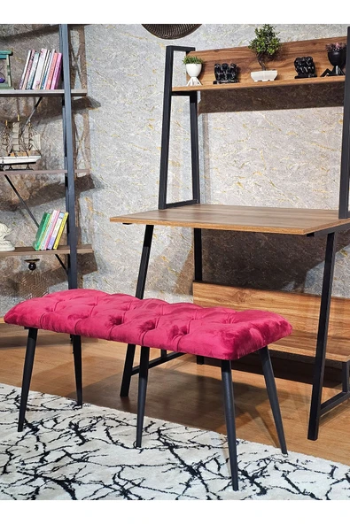 100'lük Benc - Siyah Boyalı Sivriltme Ayaklı Bordo Döşemeli Oturak, Bench, Oturak, Makyaj Pufu