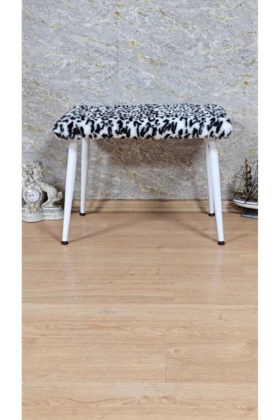 Beyaz Boyalı Sivriltme Ayaklı 60cm x 40cm Tedy Kumaşlı Zebra Döşeme Oturak, Bench, Oturak, Puf