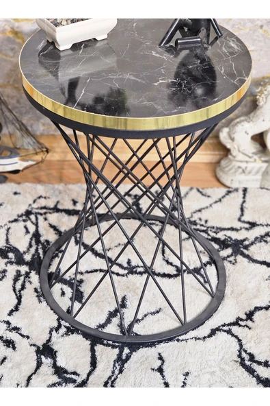 Siyah Boyalı Pota 34 cm Suntalem Tablalı Sehpa - Siyah Mermer Gold Cumbalı Suntalem Sehpa - Ahşap Sehpa - Zigon Sehpa - 3