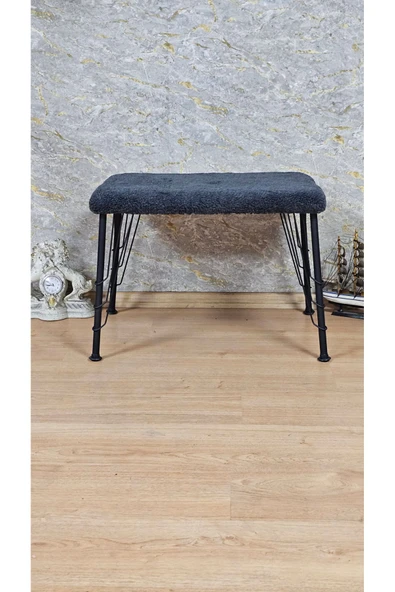 Siyah Boyalı Tel Ayaklı 60cm x 40cm Tedy Kumaşlı Füme Döşeme Oturak, Bench, Oturak, Puf