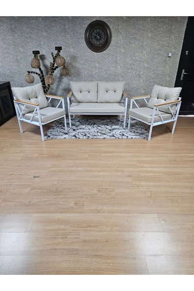 Beyaz Boyalı Bahçe Krem Döşeme - Balkon - Mutfak Çay Seti Takımı Bahçe Koltuk Takımı - 3