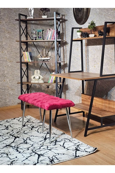 100'lük Benc – Krom Kaplama Sivriltme Ayaklı Bordo Döşemeli Oturak, Bench, Oturak, Makyaj Pufu - 5