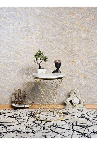 Gold Kaplama Pota 34 cm Suntalem Tablalı Sehpa - Beyaz Mermer Suntalem Sehpa - Ahşap Sehpa - Zigon Sehpa - 5