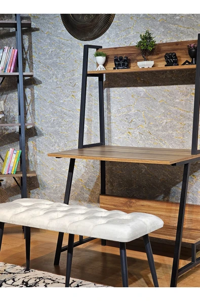 100'lük Benc - Siyah Boyalı Sivriltme Ayaklı Krem Döşemeli Oturak, Bench, Oturak, Makyaj Pufu - 4