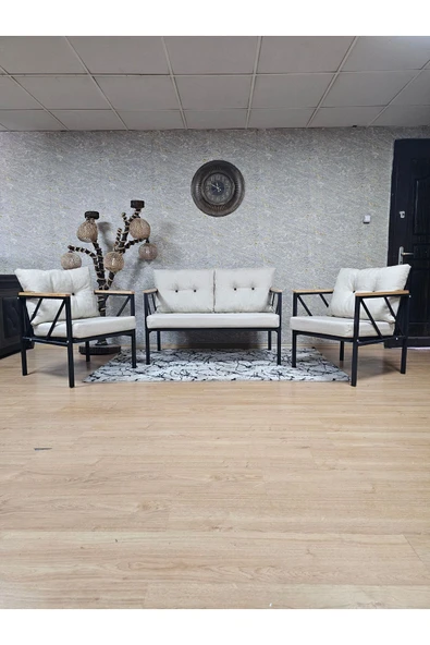 Siyah Boyalı Bahçe Krem Döşeme - Balkon - Mutfak Çay Seti Takımı Bahçe Koltuk Takımı