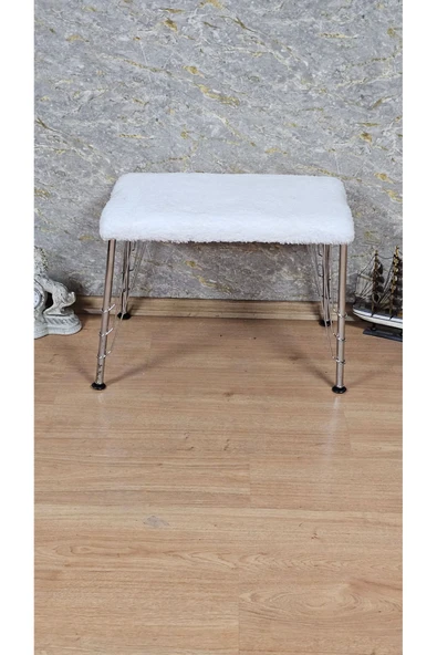 Krom Tel Ayaklı 60cm x 40cm Tedy Kumaşlı  Krem Döşeme Oturak, Bench, Oturak, Puf - 2