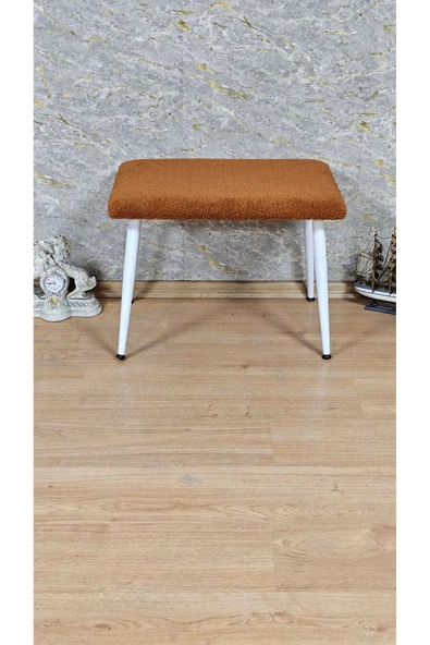 Beyaz Boyalı Sivriltme Ayaklı 60cm x 40cm Tedy Kumaşlı Turuncu Döşeme Oturak, Bench, Oturak, Puf - 3